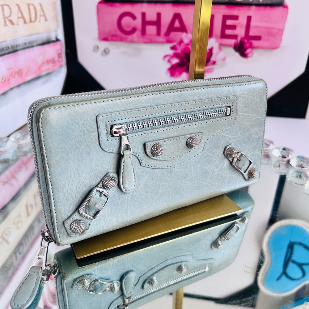 Balenciaga light blue lambskin leather zipper round wallet